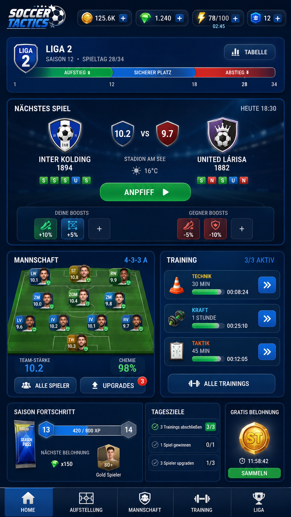 Soccer Tactics Dashboard mit Navigation, Ressourcen und Matchübersicht